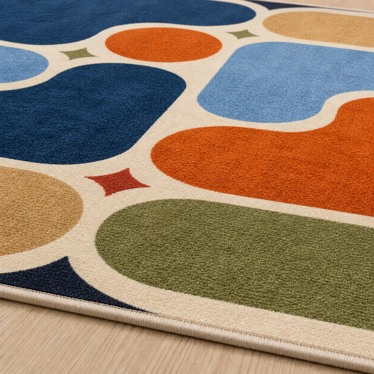 Tapis rectangulaire Alma – formes abstraites rétro – terracotta, bleu nuit, bleu ciel, vert sauge et beige