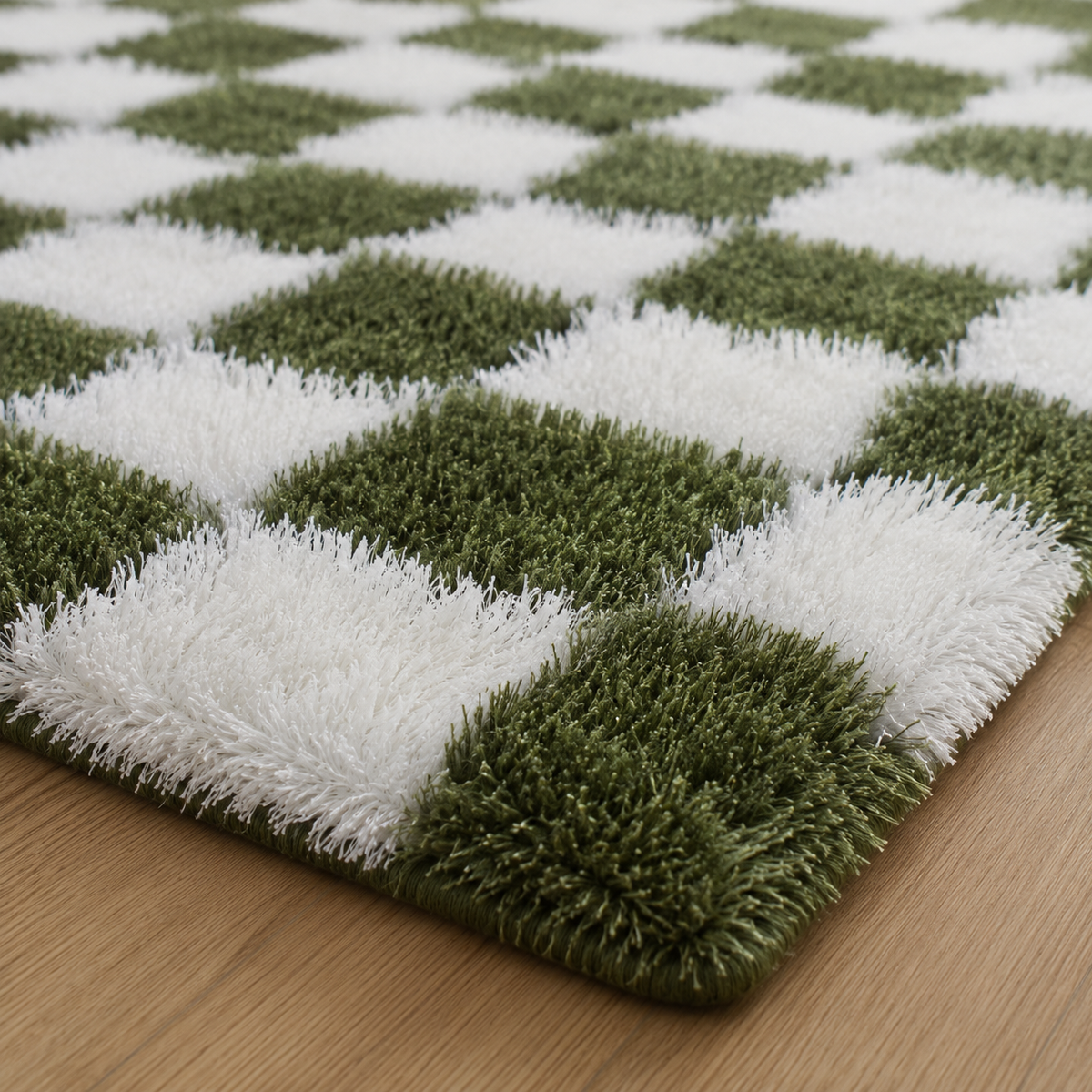 Tapis rectangulaire Mila – damier moelleux – vert sauge et blanc