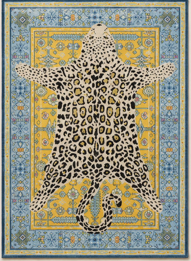 Tapis rectangulaire Shira – motif léopard décoratif – bleu ciel, jaune doux, écru et noir