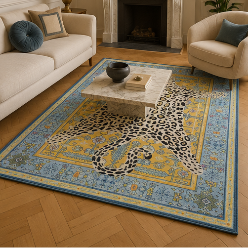 Tapis rectangulaire Shira – motif léopard décoratif – bleu ciel, jaune doux, écru et noir
