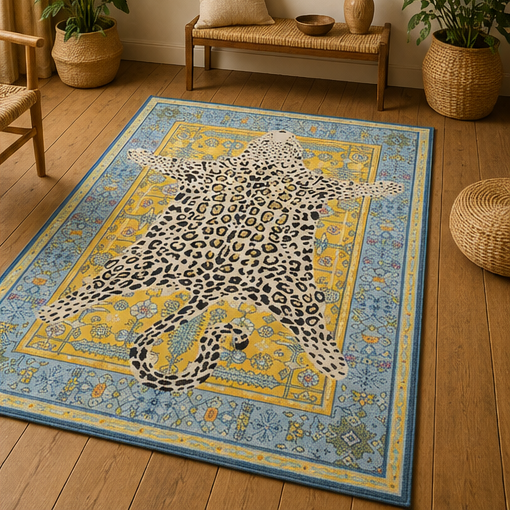 Tapis rectangulaire Shira – motif léopard décoratif – bleu ciel, jaune doux, écru et noir