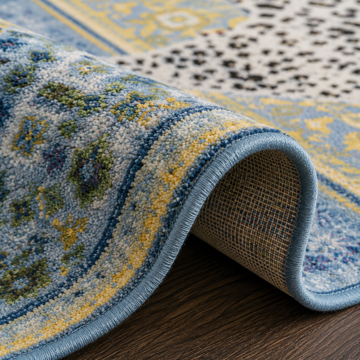 Tapis rectangulaire Shira – motif léopard décoratif – bleu ciel, jaune doux, écru et noir