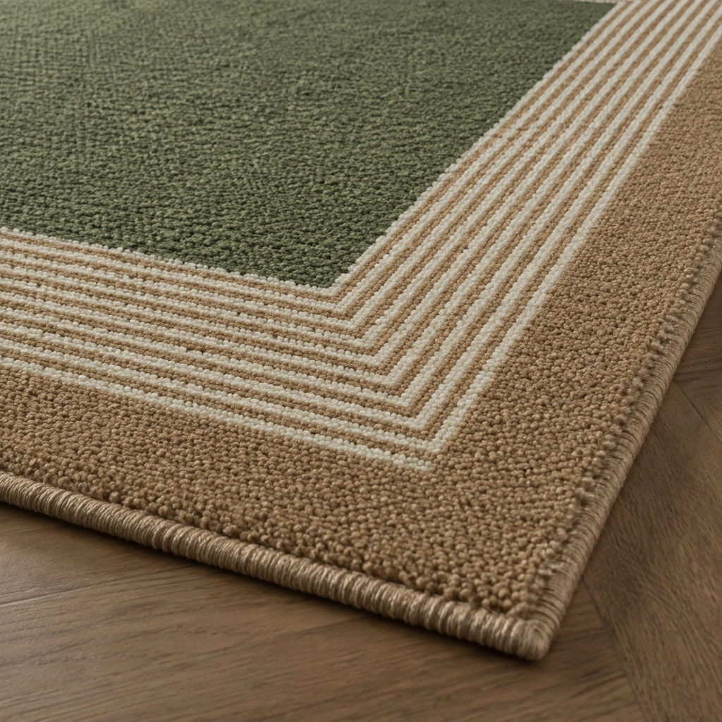 Tapis rectangulaire Olive – centre uni et bordure graphique – vert olive, beige et écru