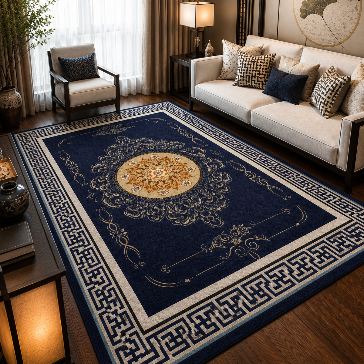 Tapis rectangulaire Mizuki – style asiatique – bleu nuit, médaillon doré et bordure géométrique