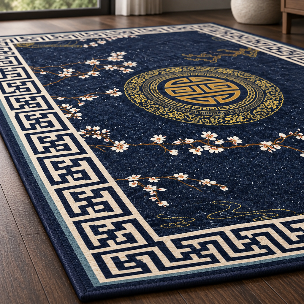 Tapis rectangulaire Hanami – style asiatique – bleu nuit, médaillon doré et motifs floraux