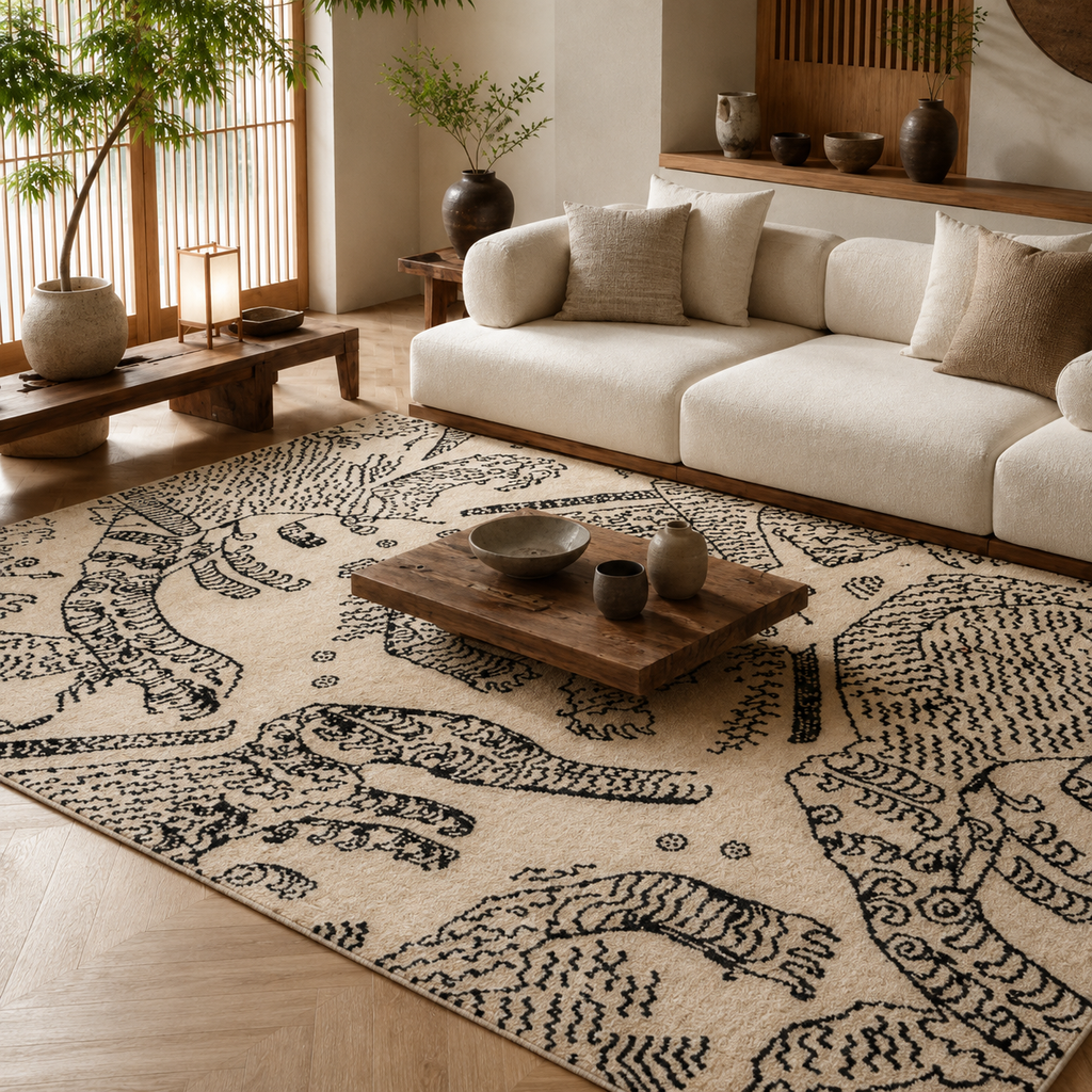 Tapis rectangulaire Kaïro – style asiatique graphique – fond écru et motifs tigres noirs