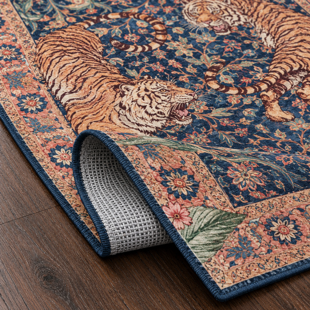 Tapis rectangulaire  Akira – style asiatique – motifs tigres, fleurs et feuillages