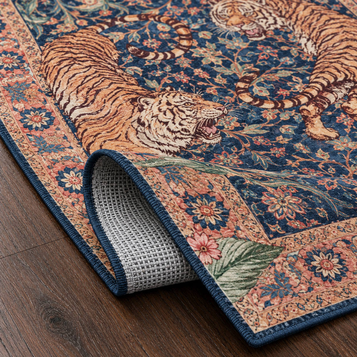 Tapis rectangulaire  Akira – style asiatique – motifs tigres, fleurs et feuillages
