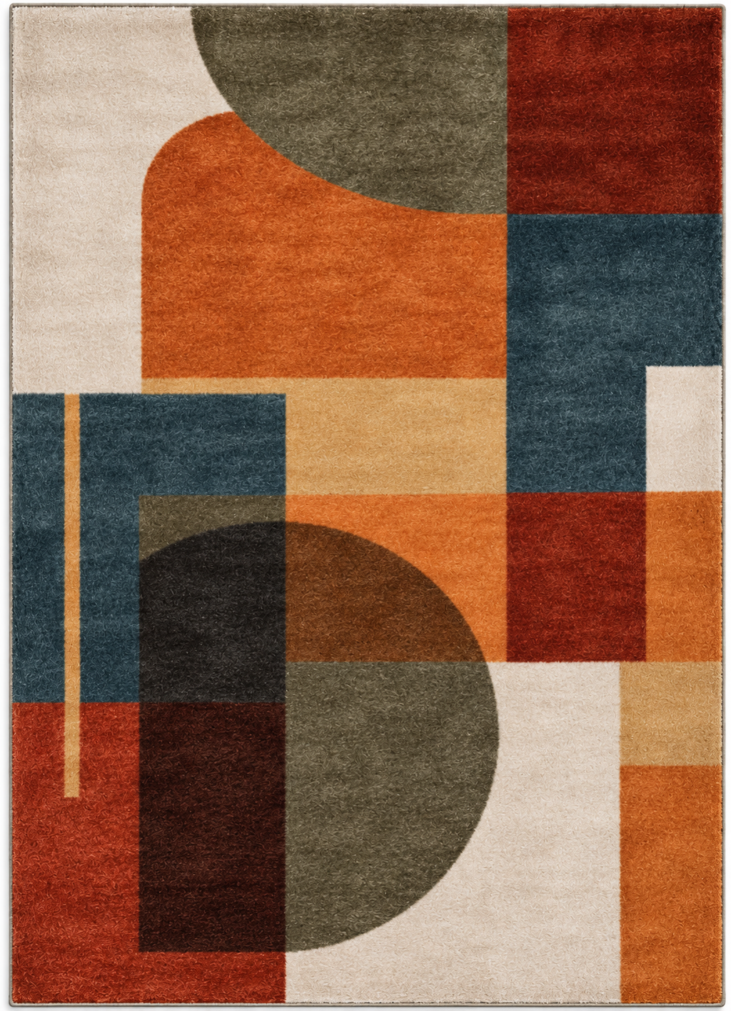 Tapis rectangulaire Miro – style moderne – motifs géométriques abstraits – terracotta, bleu profond, beige et vert kaki