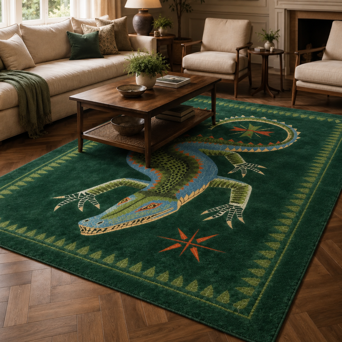 Tapis rectangulaire Croco – motif crocodile illustré – vert émeraude, bleu, olive et terracotta