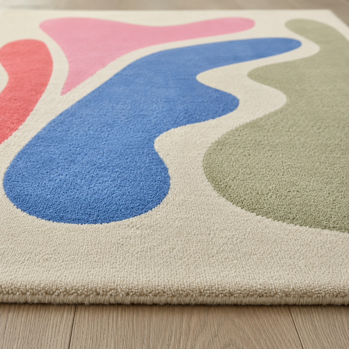 Tapis rectangulaire Soléa – formes organiques abstraites – écru, rose, bleu et vert sauge