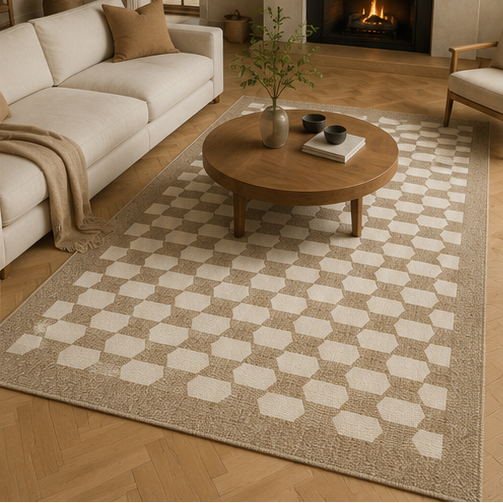 Tapis rectangulaire Solvéo – style moderne – motifs géométriques beige et écru