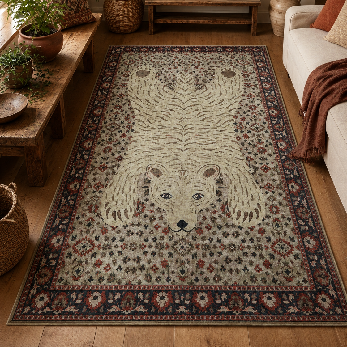 Tapis rectangulaire Numa – motif animalier allongé – écru, terracotta, bleu nuit et brun