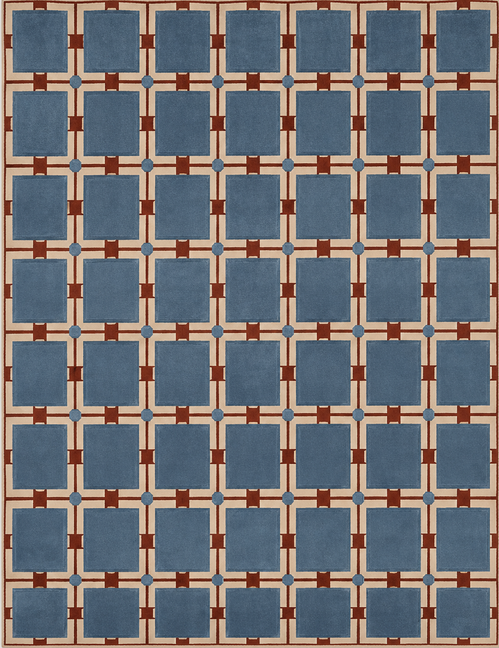 Tapis rectangulaire Atlas – motif géométrique quadrillé – bleu grisé, terracotta et écru