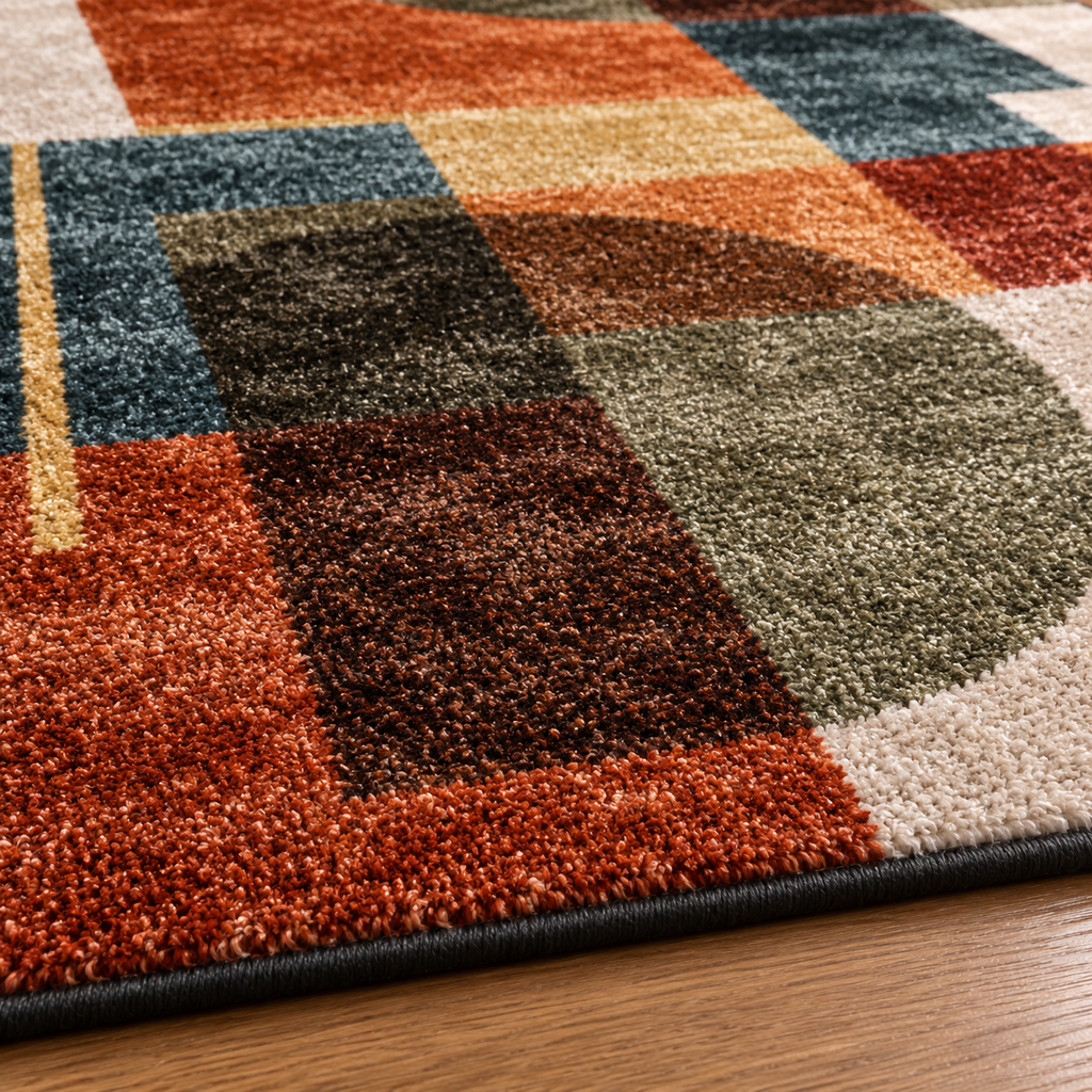 Tapis rectangulaire Miro – style moderne – motifs géométriques abstraits – terracotta, bleu profond, beige et vert kaki