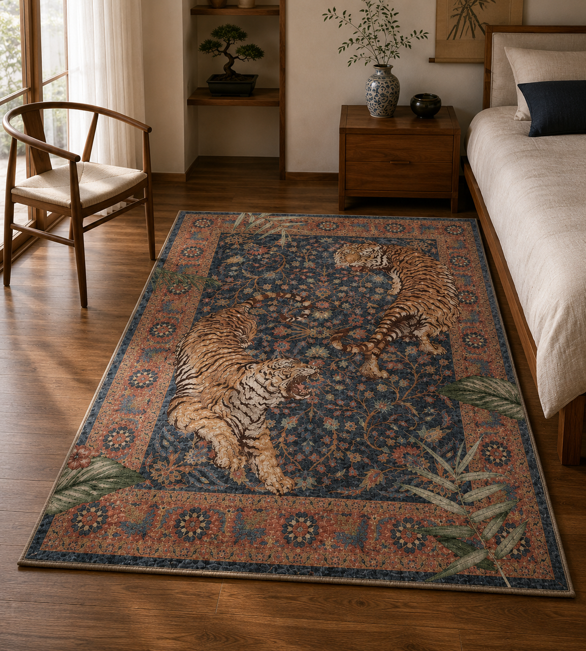 Tapis rectangulaire  Akira – style asiatique – motifs tigres, fleurs et feuillages