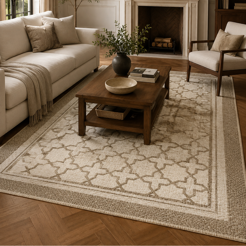Tapis rectangulaire Maélio – style élégant – motifs géométriques beige et taupe