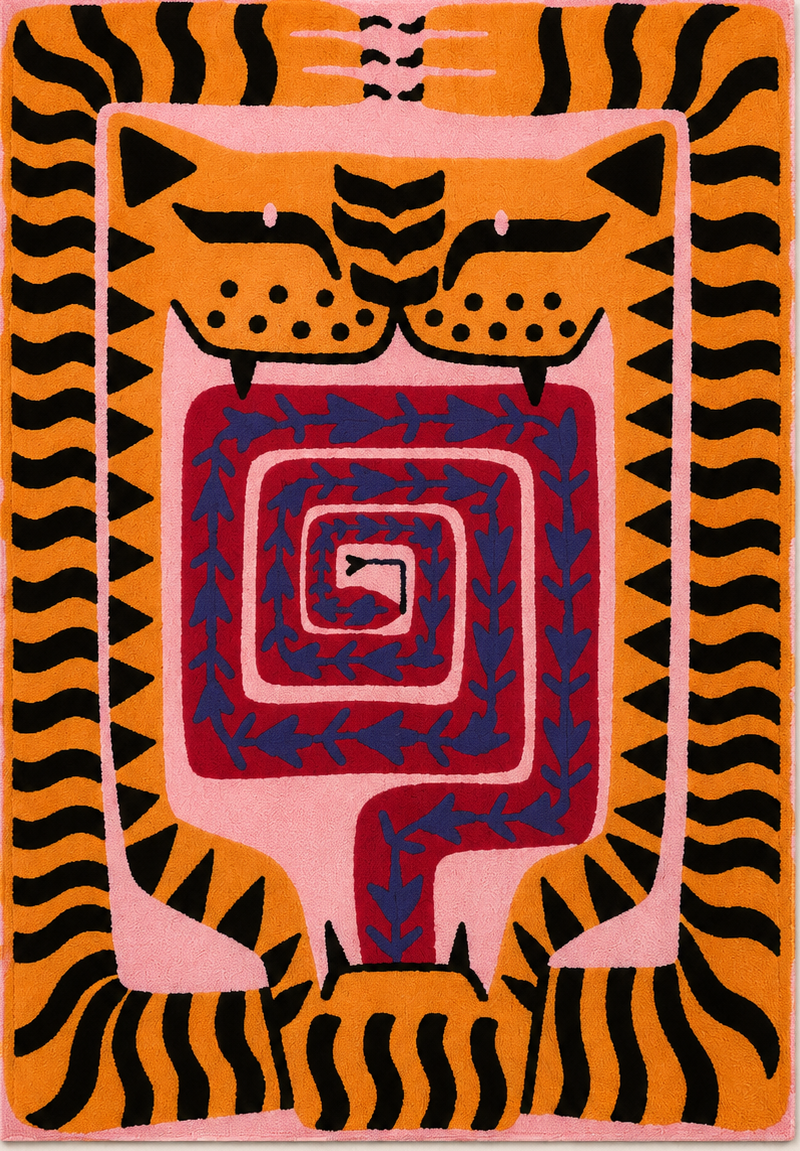 Tapis rectangulaire Tora – motif tigre graphique – orange, noir, rose et bleu profond