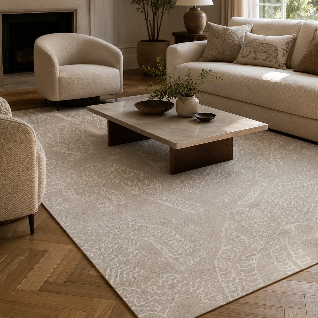 Tapis rectangulaire Saha – motifs tigres ton sur ton – beige sable et écru