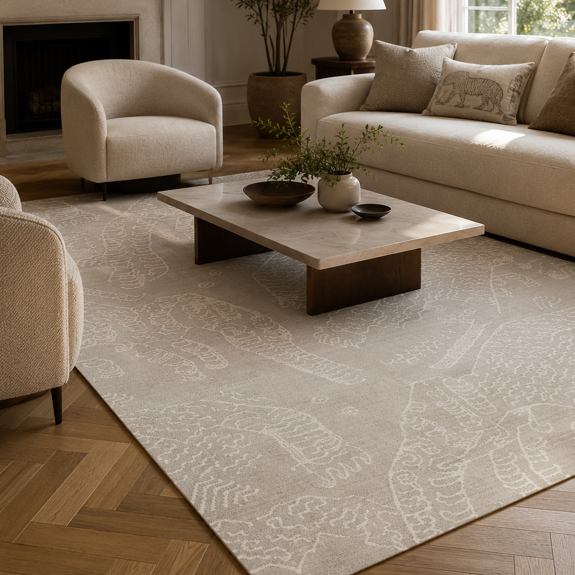 Tapis rectangulaire Saha – motifs tigres ton sur ton – beige sable et écru