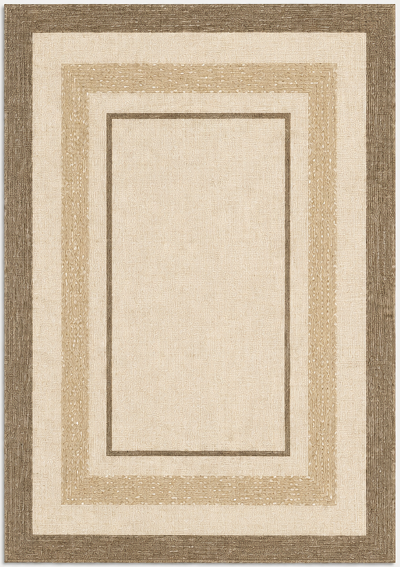 Tapis rectangulaire Elvéo – style naturel – bordures géométriques beige et taupe