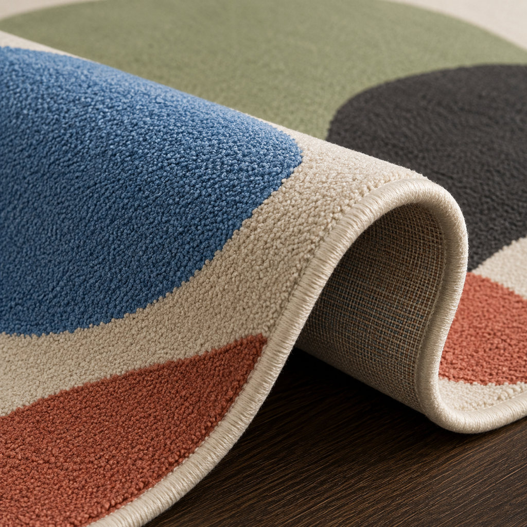 Tapis rectangulaire Néo – formes abstraites superposées – écru, bleu ciel, vert sauge, anthracite et terracotta