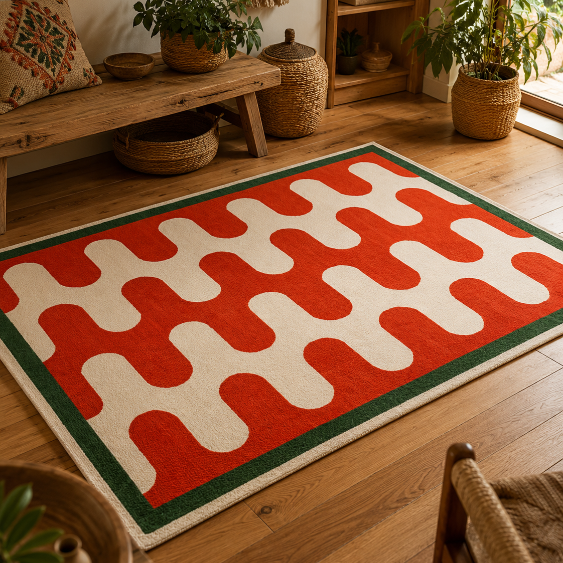 Tapis rectangulaire Rio – motif ondulé rétro – écru, rouge orangé et vert forêt