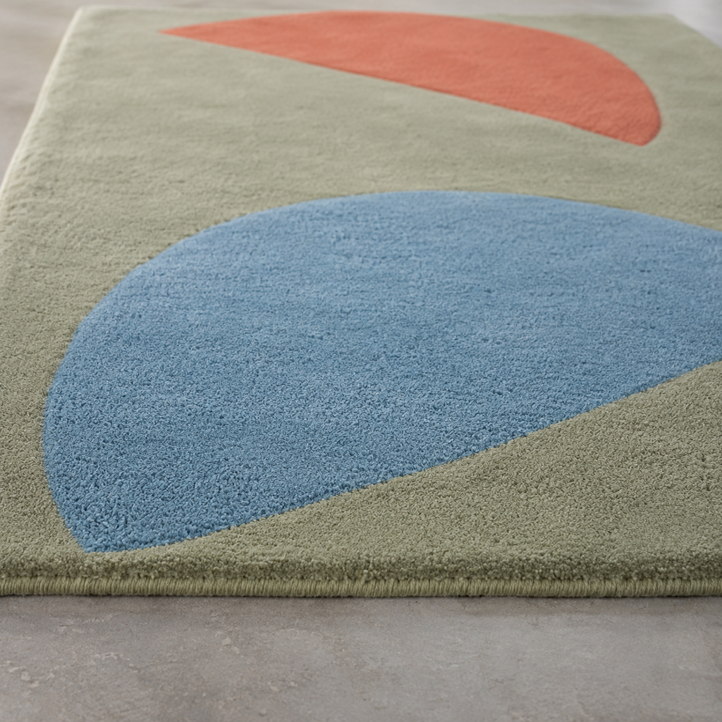 Tapis rectangulaire Lino – formes abstraites – vert sauge, bleu azur et terracotta