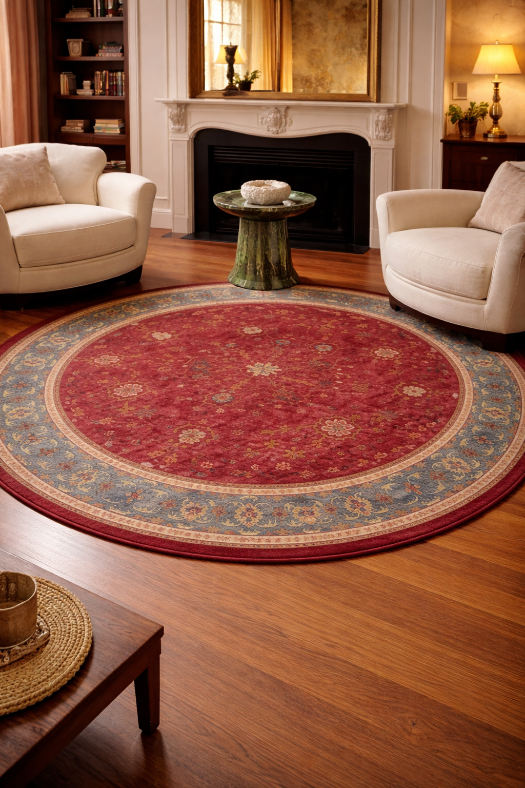 Tapis rond Sélima en laine – rouge rubis – bordure bleu ardoise et sable – motifs graphiques