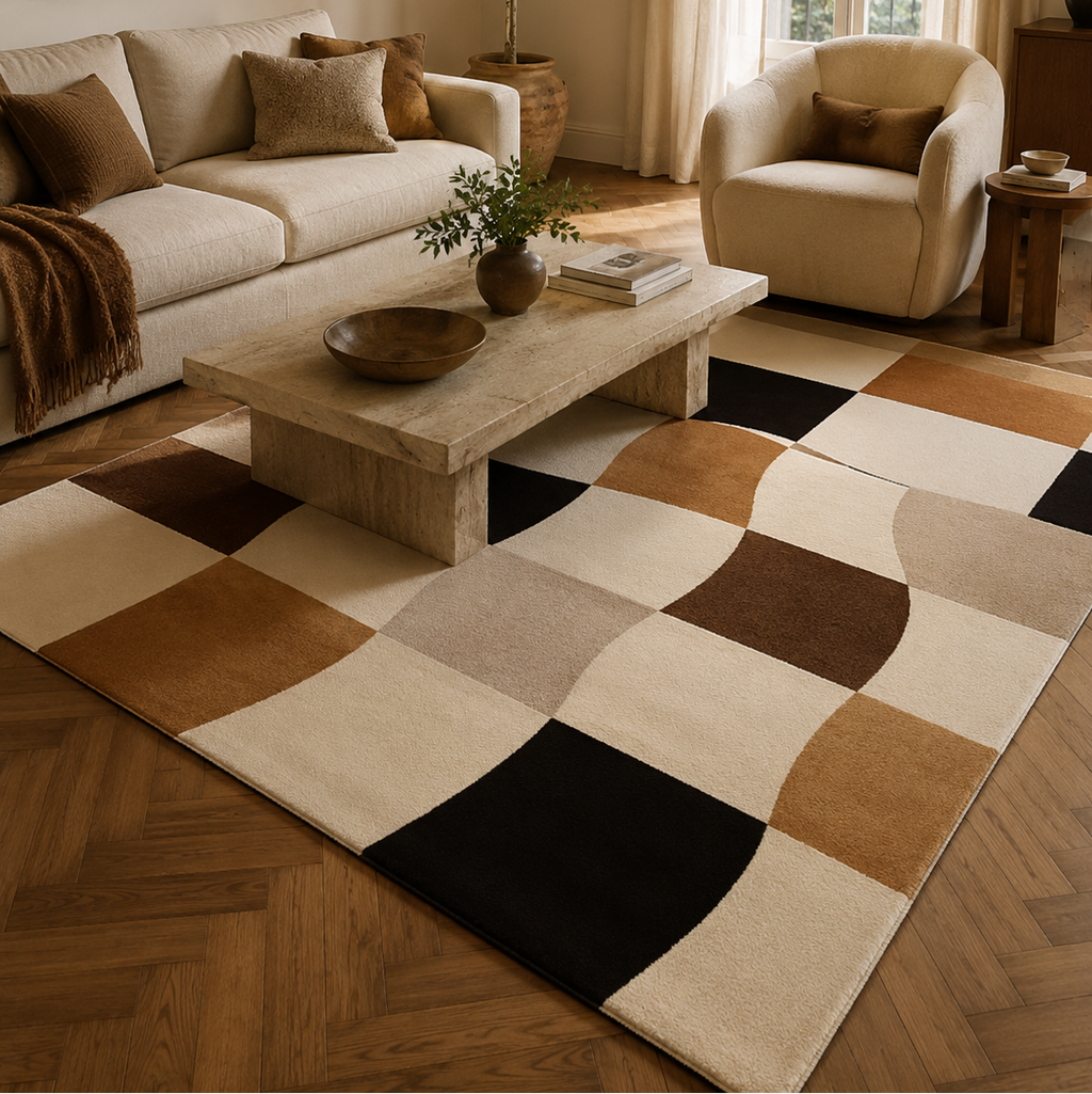 Tapis rectangulaire Alba – motif ondulé géométrique – écru, camel, brun, beige et noir