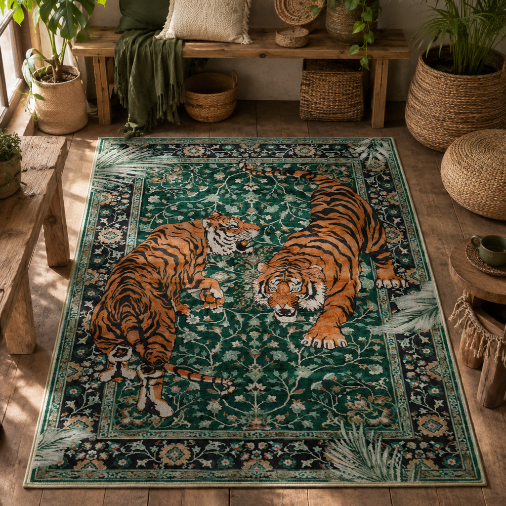 Tapis rectangulaire Rajah – motif tigres majestueux – vert émeraude, orange, noir et beige