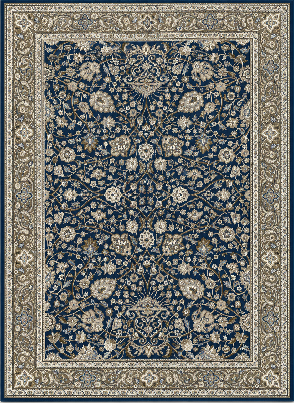 Tapis rectangulaire Isfahan – motifs orientaux floraux – bleu marine, beige et taupe