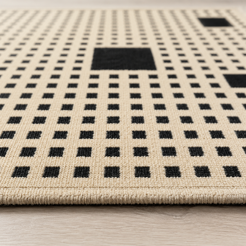 Tapis rectangulaire Pixel – motif quadrillé minimaliste – écru et noir