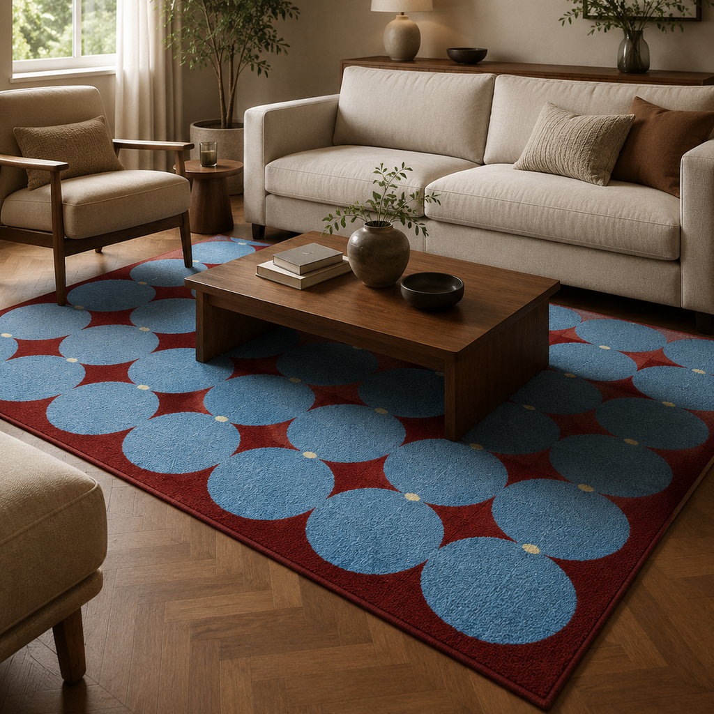 Tapis rectangulaire Nilo – motifs cercles graphiques – bleu ciel, bordeaux et beige clair