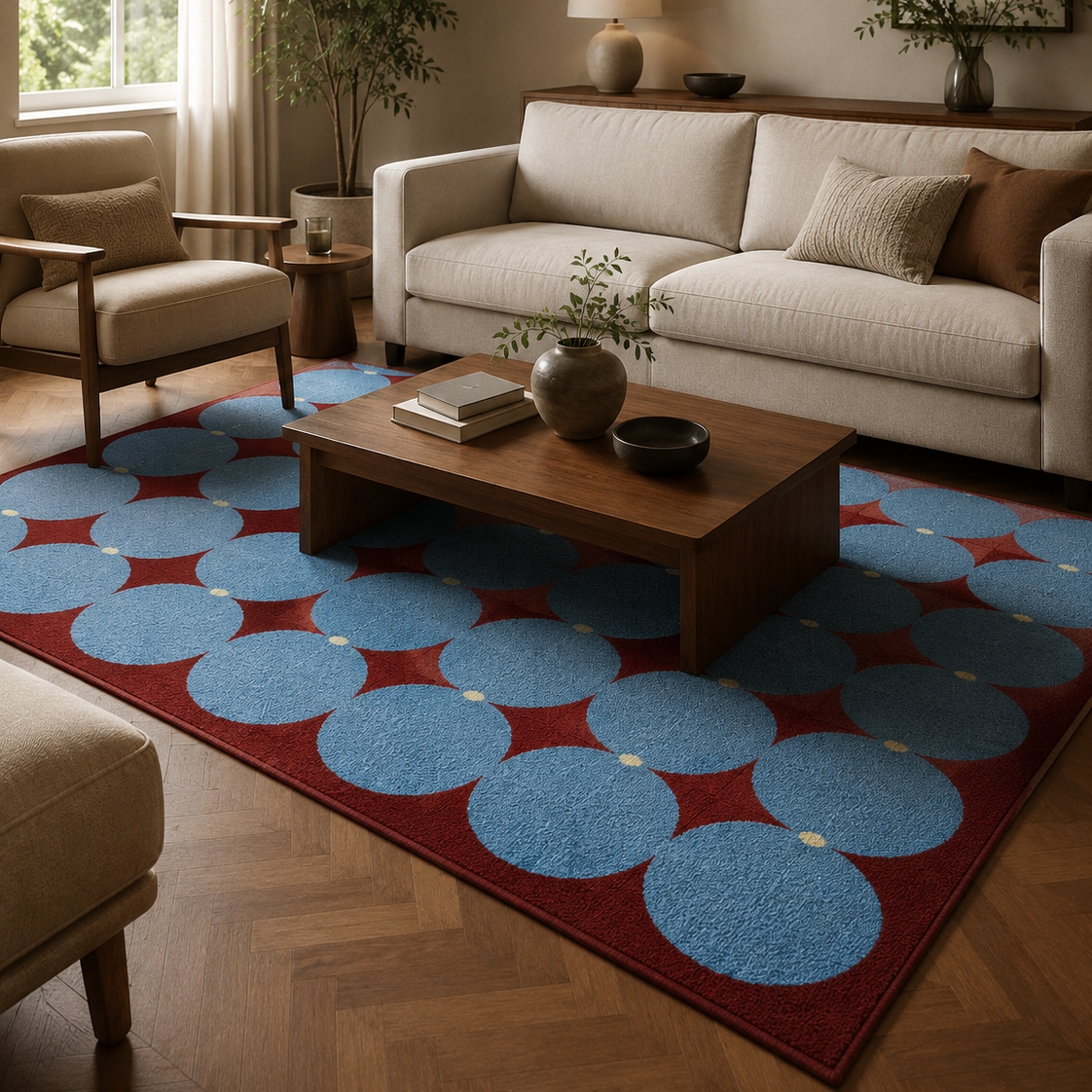 Tapis rectangulaire Nilo – motifs cercles graphiques – bleu ciel, bordeaux et beige clair