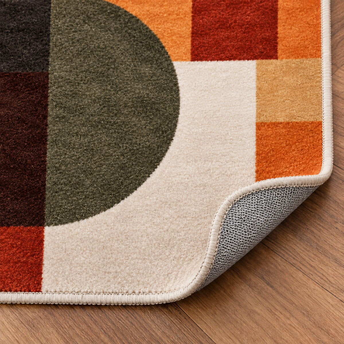 Tapis rectangulaire Miro – style moderne – motifs géométriques abstraits – terracotta, bleu profond, beige et vert kaki