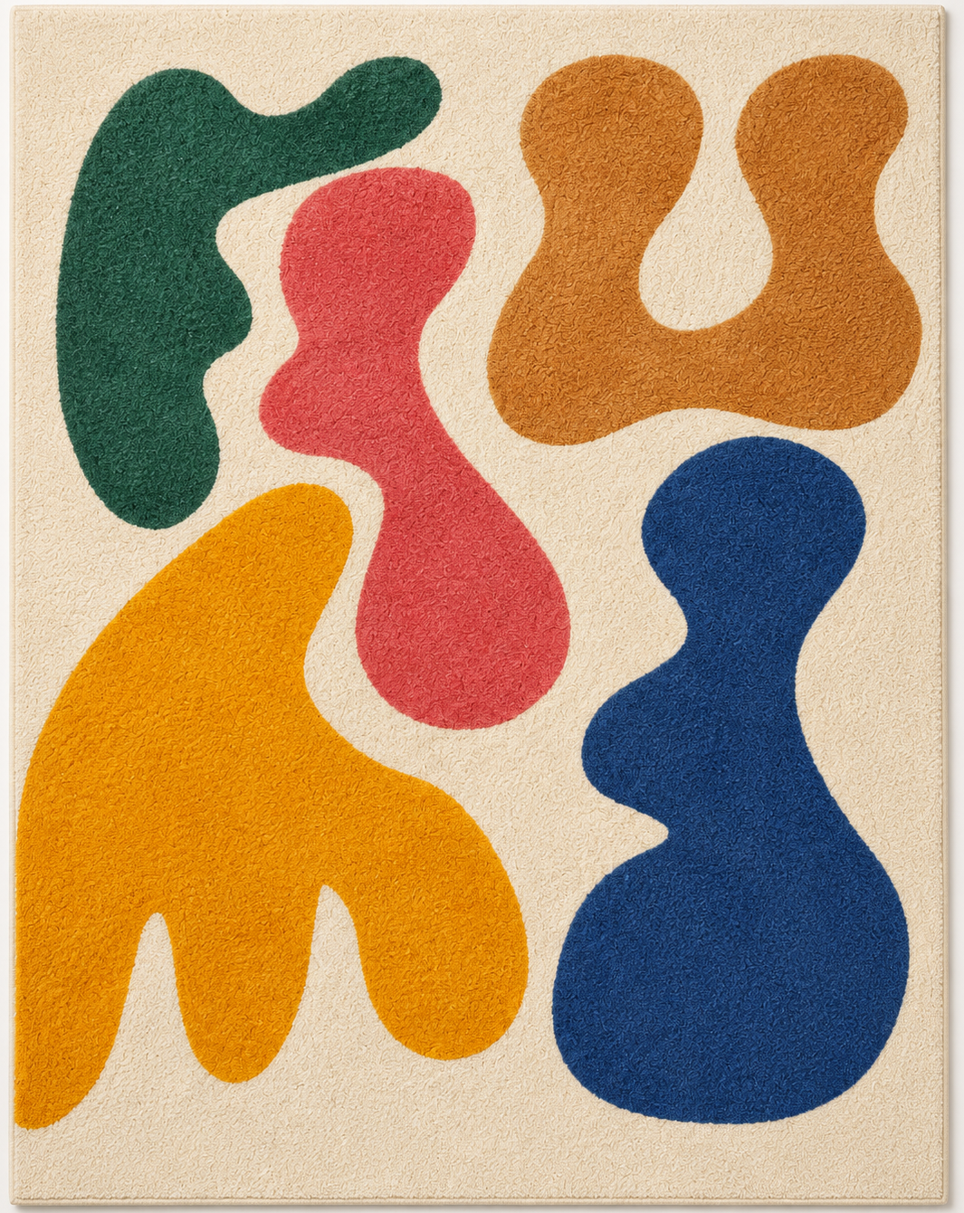 Tapis rectangulaire Arlo – style moderne  – formes organiques abstraites – crème, jaune ocre, bleu profond, vert et rose corail