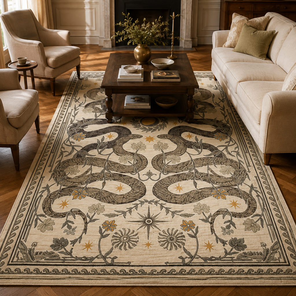 Tapis rectangulaire Solara – serpents symétriques et astres – écru, brun, beige et ocre doré