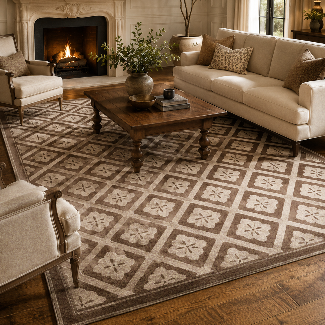 Tapis rectangulaire Alba – style moderne – motifs losanges floraux – taupe et beige clair