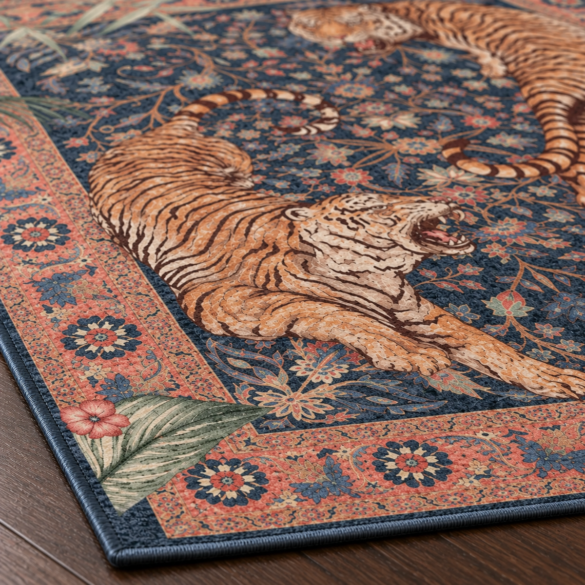 Tapis rectangulaire  Akira – style asiatique – motifs tigres, fleurs et feuillages