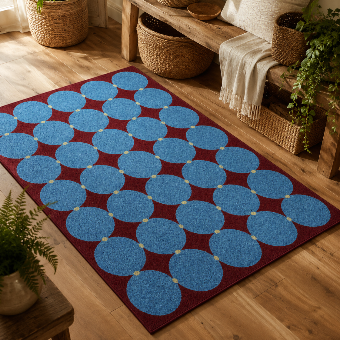 Tapis rectangulaire Nilo – motifs cercles graphiques – bleu ciel, bordeaux et beige clair