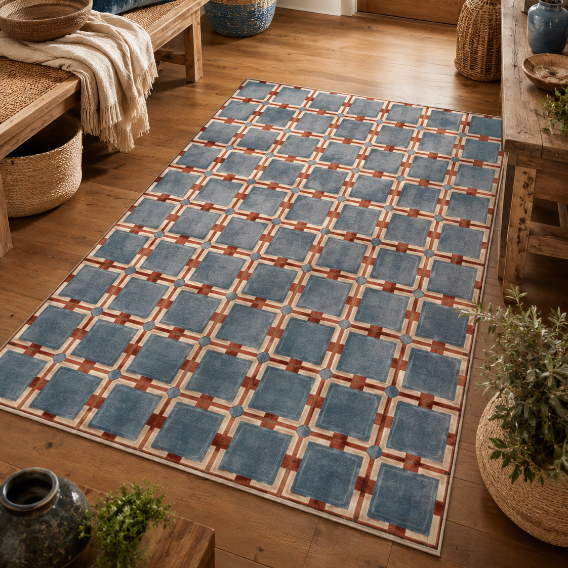 Tapis rectangulaire Atlas – motif géométrique quadrillé – bleu grisé, terracotta et écru