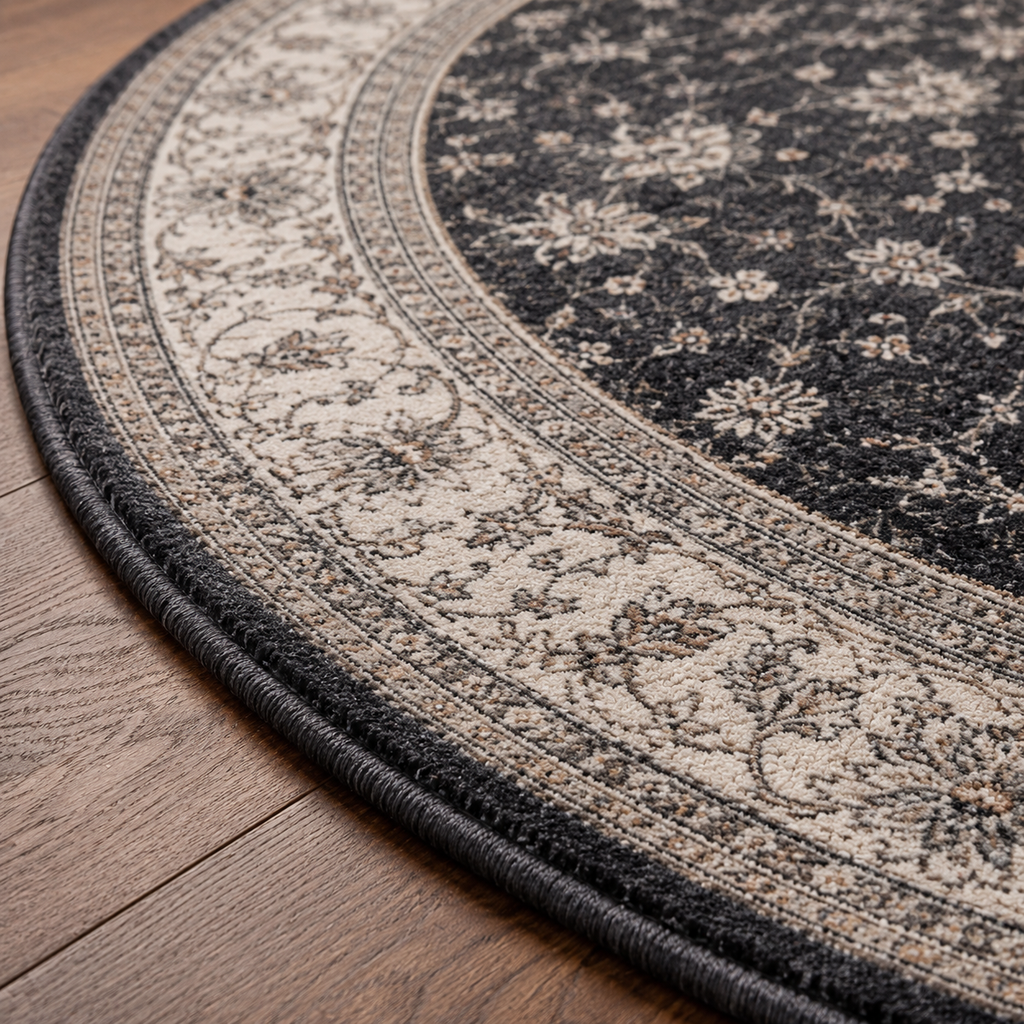 Tapis rond Oréna – motifs géométriques – anthracite, gris perle et crème