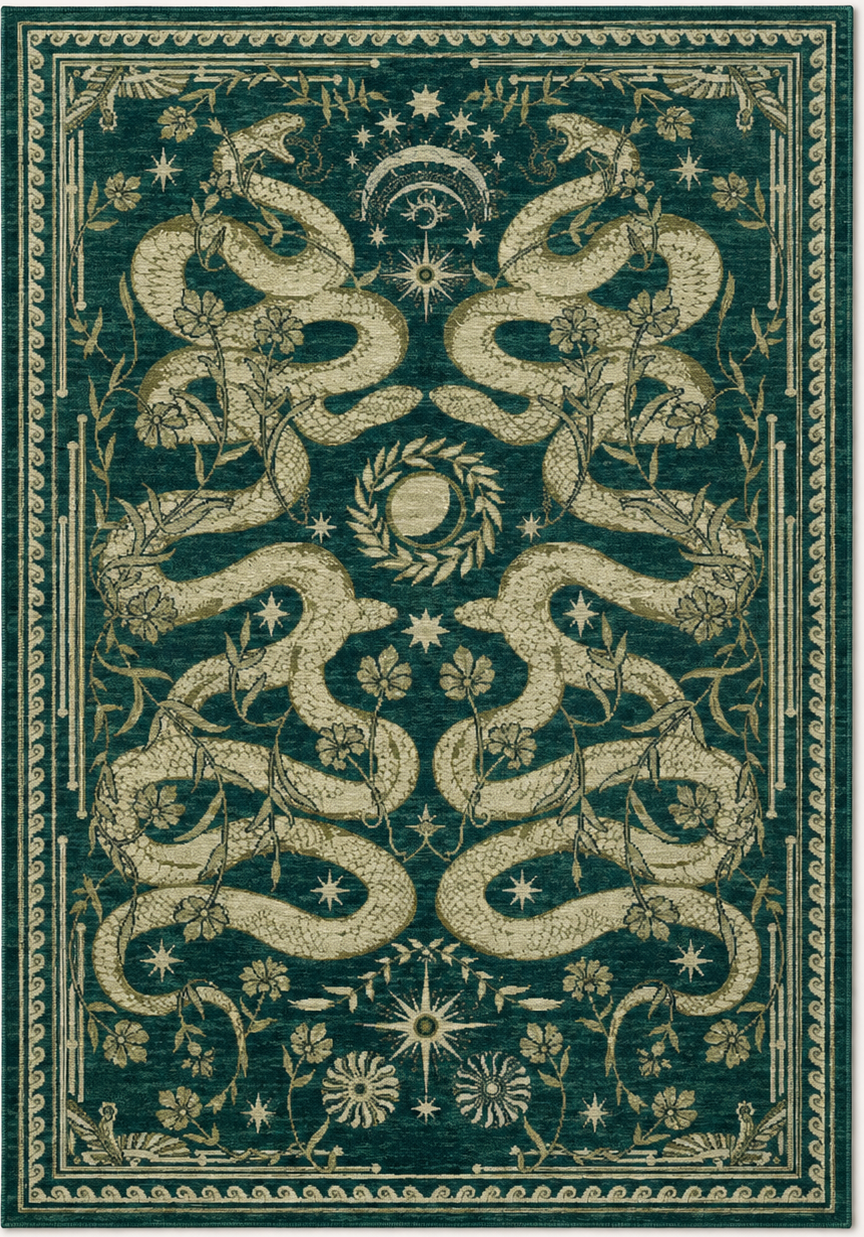 Tapis rectangulaire Éclipse – serpents et symboles célestes – vert profond, beige doré et écru