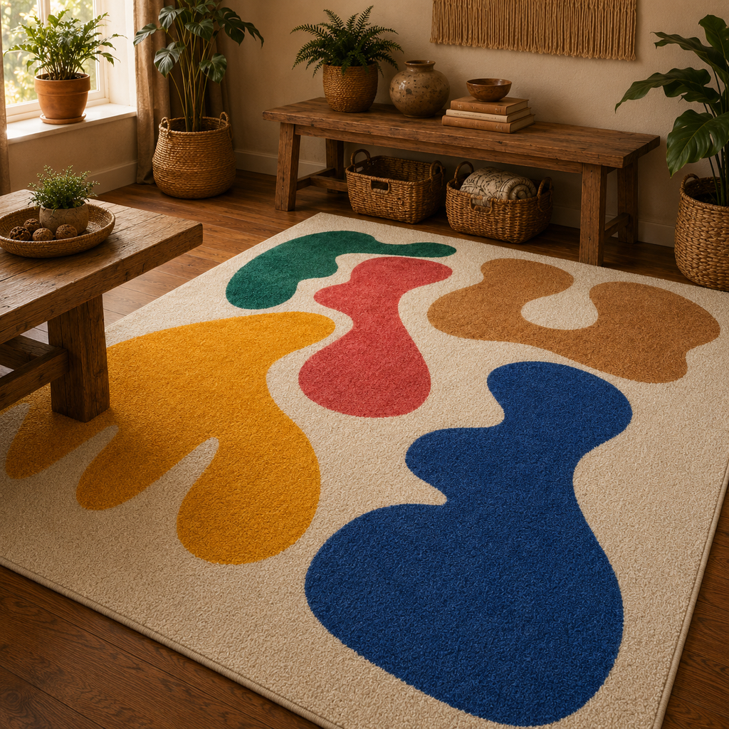Tapis rectangulaire Arlo – style moderne  – formes organiques abstraites – crème, jaune ocre, bleu profond, vert et rose corail