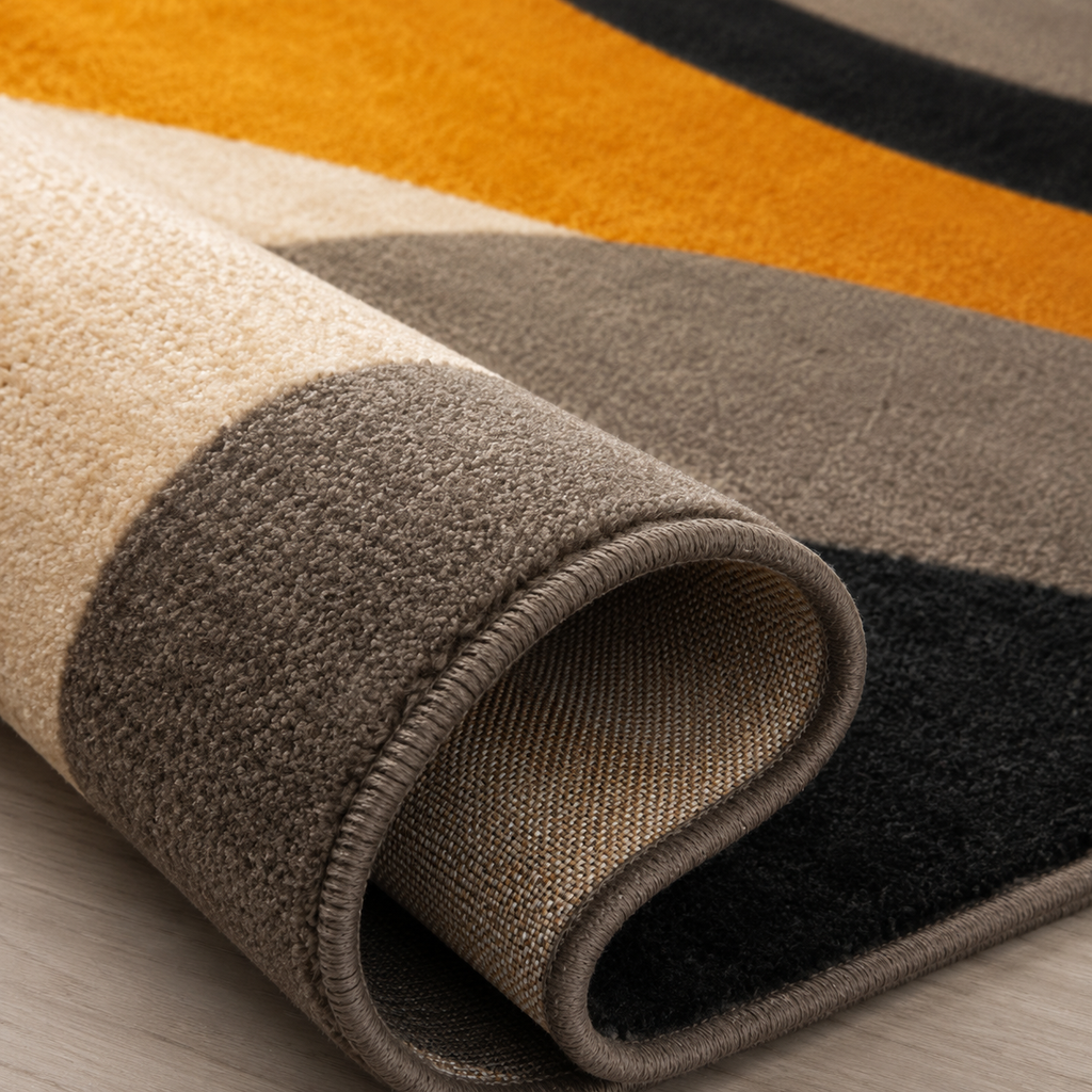 Tapis rectangulaire Solvane – style moderne – motifs abstraits beige, noir et jaune moutarde