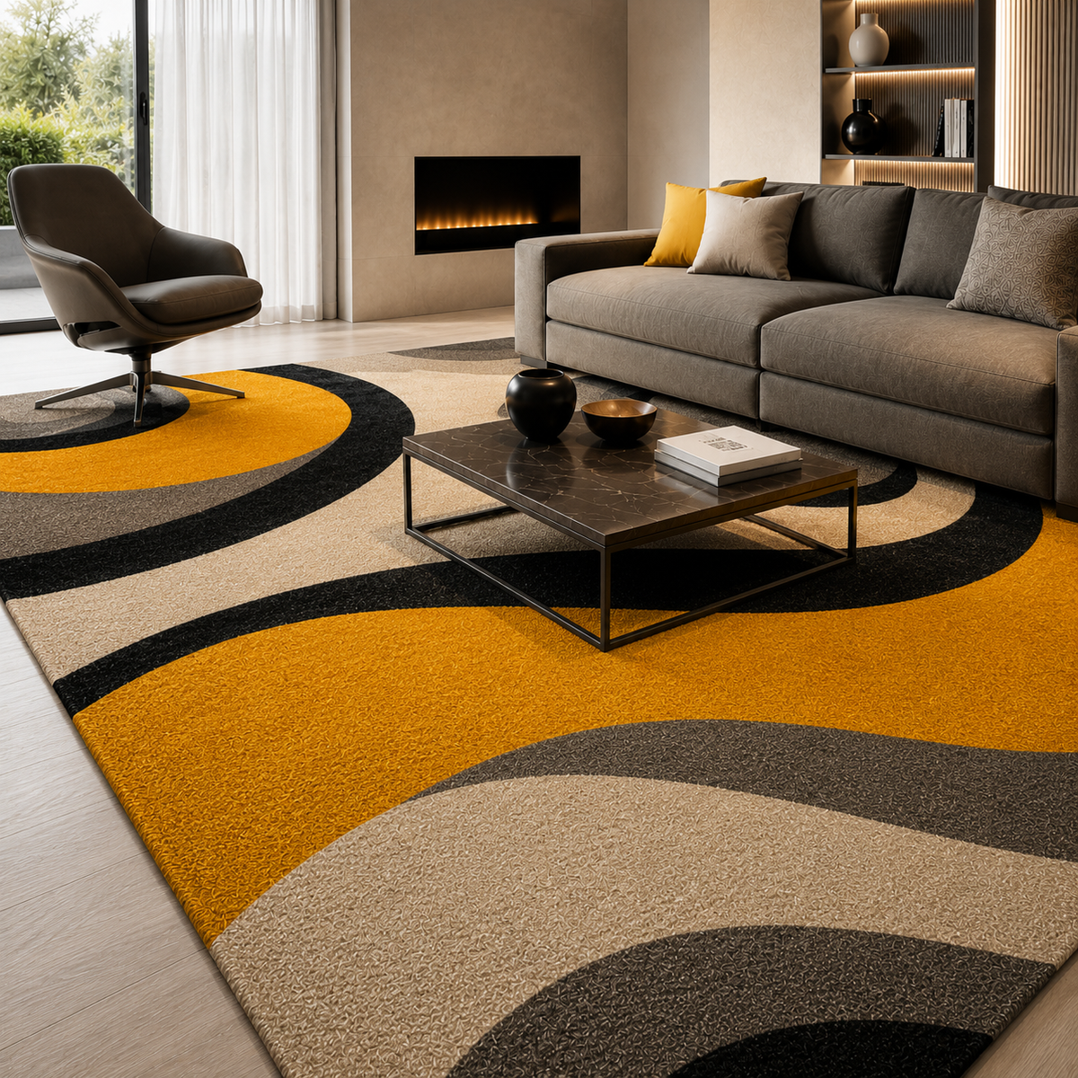 Tapis rectangulaire Solvane – style moderne – motifs abstraits beige, noir et jaune moutarde