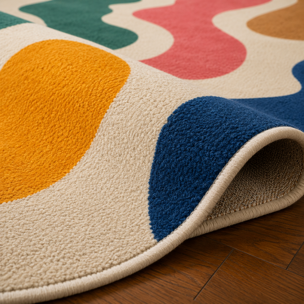 Tapis rectangulaire Arlo – style moderne  – formes organiques abstraites – crème, jaune ocre, bleu profond, vert et rose corail