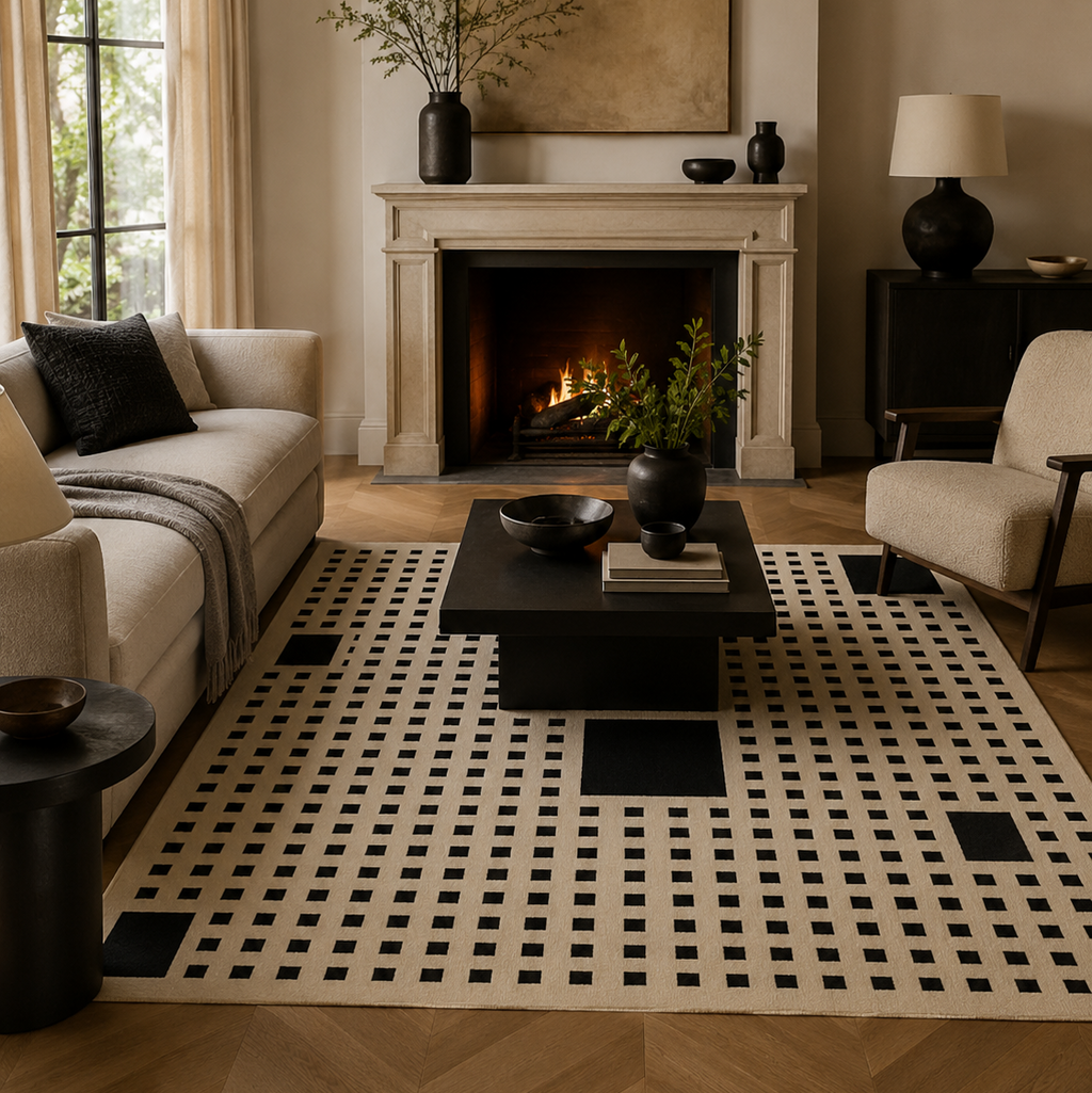 Tapis rectangulaire Pixel – motif quadrillé minimaliste – écru et noir