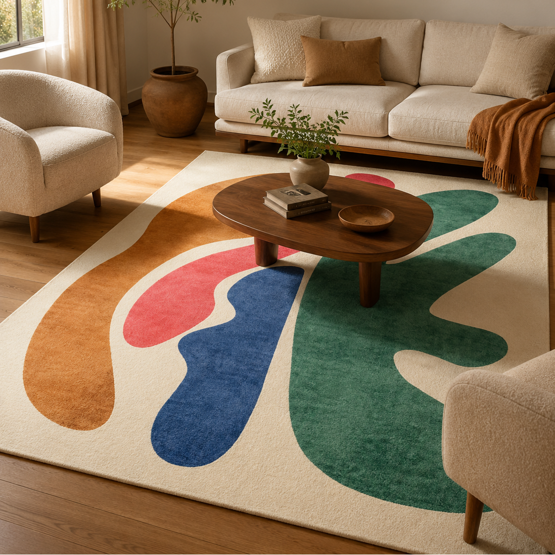 Tapis rectangulaire Aroa – formes organiques colorées – écru, vert profond, bleu, corail et camel